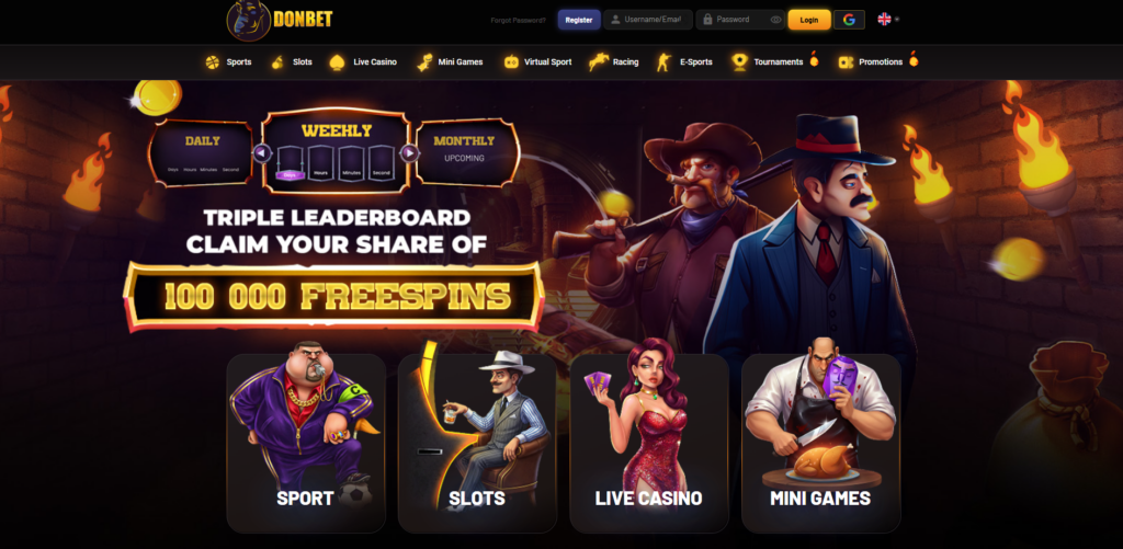 DonBet non GamStop casino and sportsbook homepage featuring the Don mascot and welcome bonus options