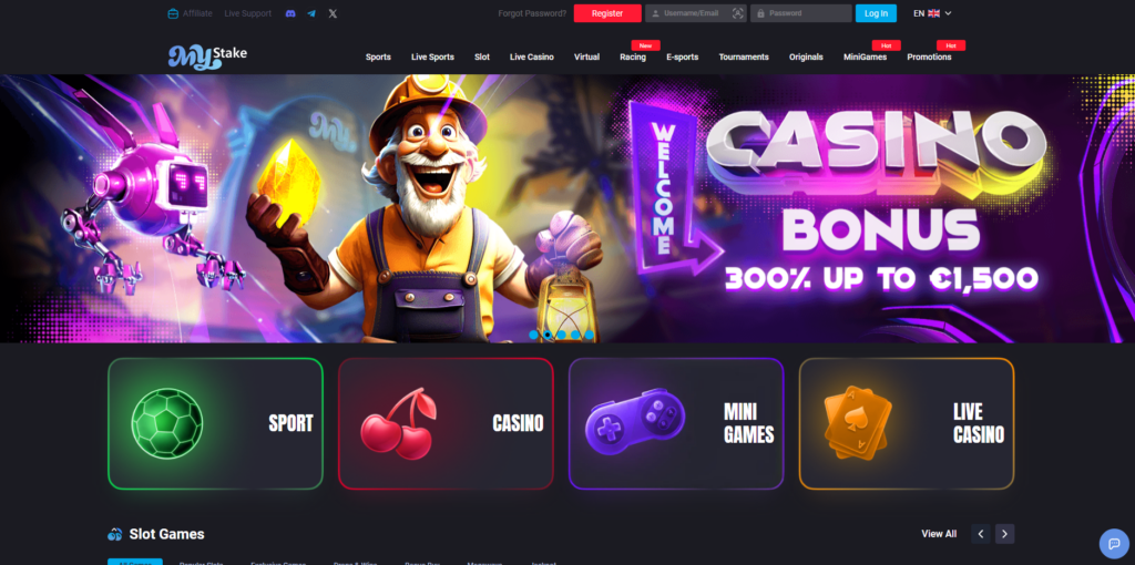 MyStake non GamStop casino homepage showing game lobby and sportsbook navigation