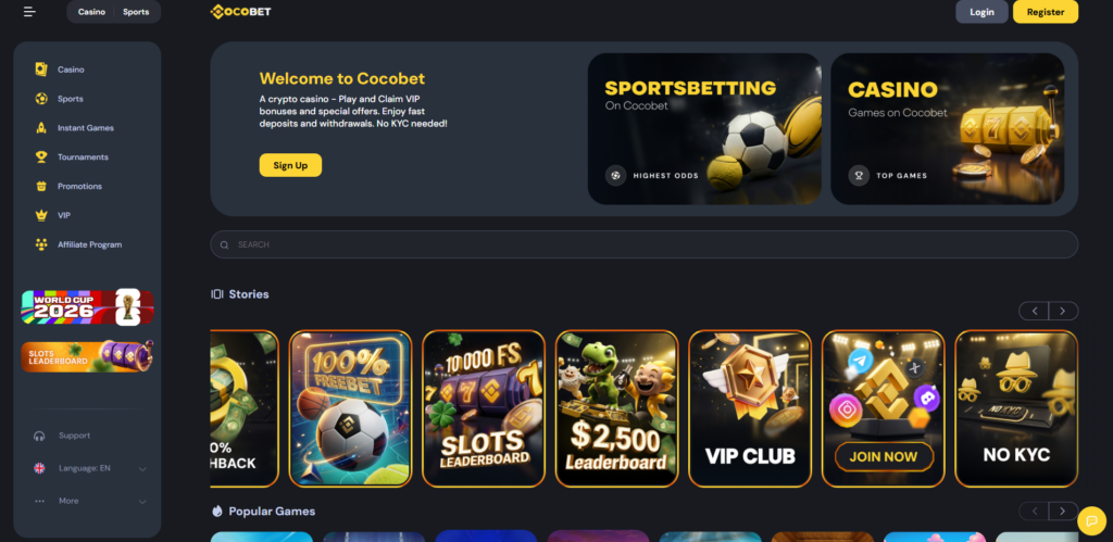 CocoBet crypto non GamStop casino homepage with game categories and welcome offer displayed
